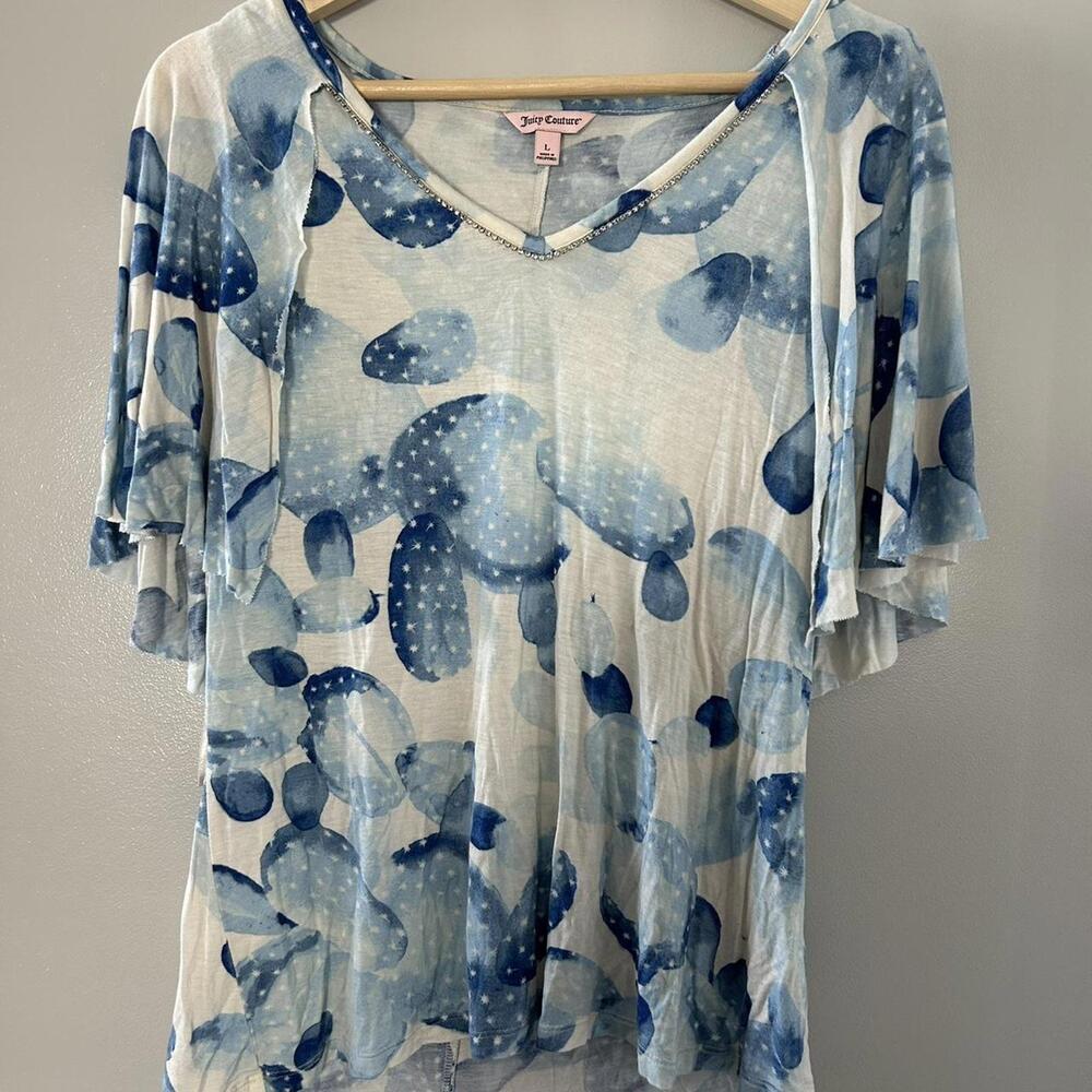 Juicy Couture blue and white cactus print top with rhinestone neckline